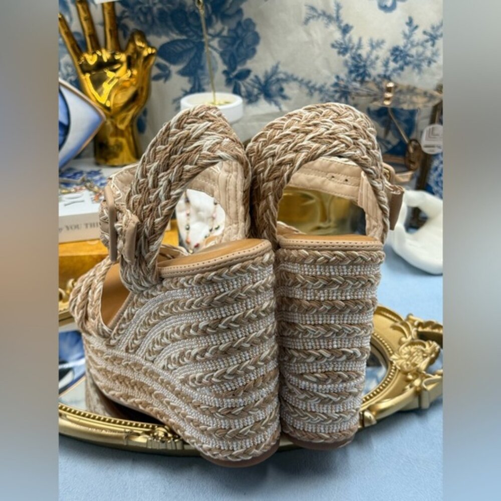 🆕 GIANNI BINI 🧿 NWOB Santi Woven Beaded Wedge Sandal - Neutral Woven Sz US 7.5 - Picture 8 of 14